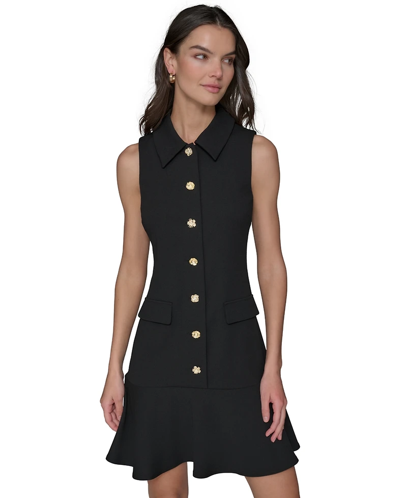 Karl Lagerfeld Paris Women's Flower-Button Collared Sleeveless Shift Dress
