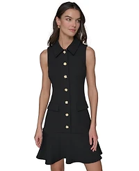 Karl Lagerfeld Paris Women's Flower-Button Collared Sleeveless Shift Dress