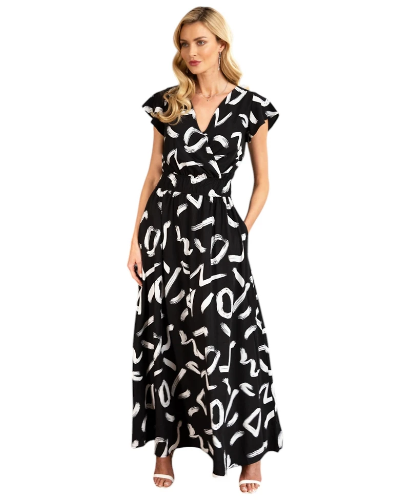 HotSquash London Women's Abstract Print Chiffon Faux Wrap Maxi Dress