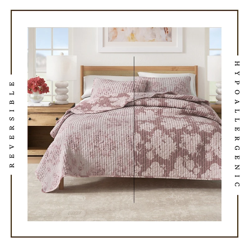 Linery & Co. Cotton Stitched Reversible Floral 3 Piece Quilt and Sham Set