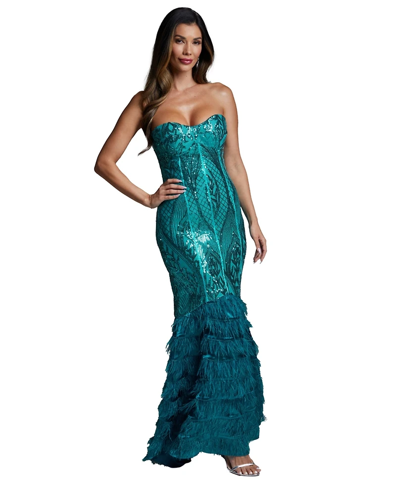 Bebe Women's Sequin Feather Gown