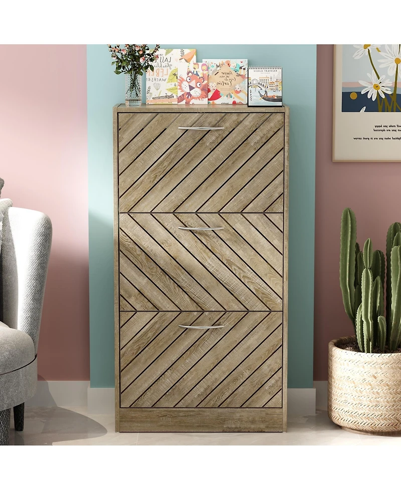 Wooden 3-door natural shoe cabinet, shutter door drawers, multi-purpose shoe rack with adjustable shelves