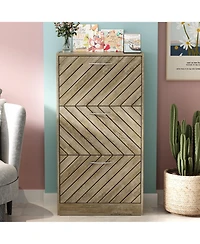 Wooden 3-door natural shoe cabinet, shutter door drawers, multi-purpose shoe rack with adjustable shelves