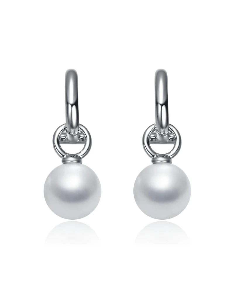 White Gold Plated with Round Pearl Huggie Drop Earrings