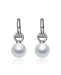White Gold Plated with Round Pearl Huggie Drop Earrings