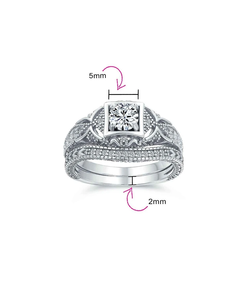 Bling Jewelry Deco Style Milgrain 1CTW Cubic Zirconia Promise Ring Set Sterling Silver
