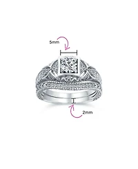 Bling Jewelry Deco Style Milgrain 1CTW Cubic Zirconia Promise Ring Set Sterling Silver
