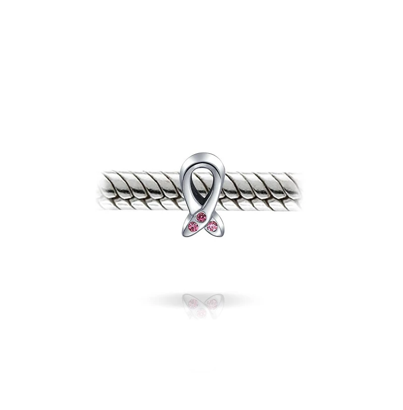 Bling Jewelry Empowering Pink Ribbon Breast Cancer Survivor 3 Cz Cubic Zirconia Charm Bead .925 Sterling Silver