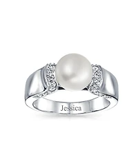 Bling Jewelry Art Deco Style Pave Cz Solitaire White Freshwater Cultured Pearl Promise Ring Silver Plated Brass