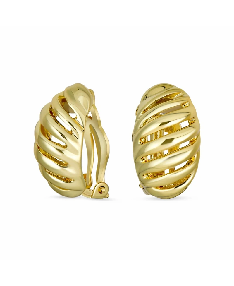 Bling Jewelry Geometric Grooved Twist Shrimp Half Hoop Classic Diagonal Stripe Two Tone Dome Clip On Earrings For Non Pierced Ears Gold Silver P