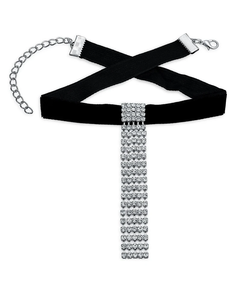 Bling Jewelry Choker Black Velvet White Rhinestone Dangle Waterfall Fringe Adjustable Prom Holiday Evening Necklace