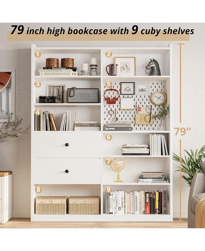 Bookshelf and Bookcase with Pegboard and Deep Drawer