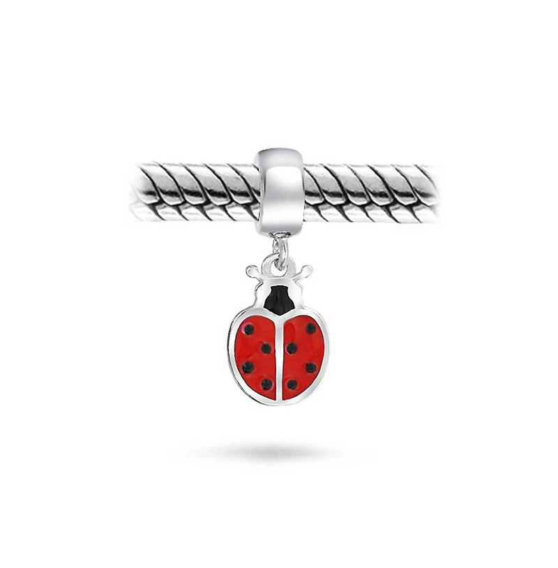 Bling Jewelry Red Lucky Ladybug Insect Gardener Dangle Charm Bead .925 Sterling Silver