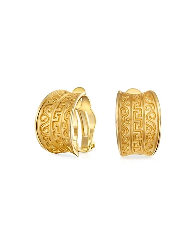 Bling Jewelry Egyptian Greek Motif Wide Half Hoop Clip On Earrings Non Pierced Ears Matte Gold Plated Brass