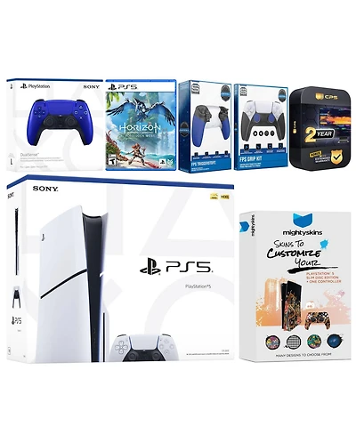 Sony Playstation 5 Slim Disc with Horizon Forbidden West, Extra Controller, Trigger Stop Kit, Fps Grip Kit and MightySkins Decal Voucher + 2 Year Cps