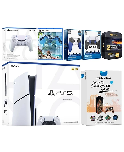 Sony Playstation 5 Slim Disc with Horizon Forbidden West, Extra Controller, Trigger Stop Kit, Fps Grip Kit and MightySkins Decal Voucher + 2 Year Cps