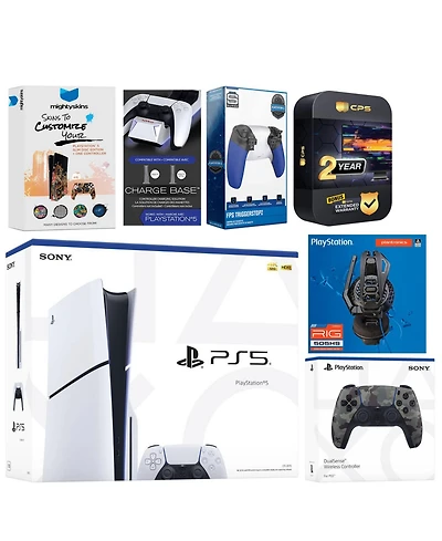 Sony Playstation 5 Slim Disc with Extra Controller, Plantronics Headset, Trigger Stop Kit, Charge Dock and MightySkins Decal Voucher + 2 Year Cps Exte