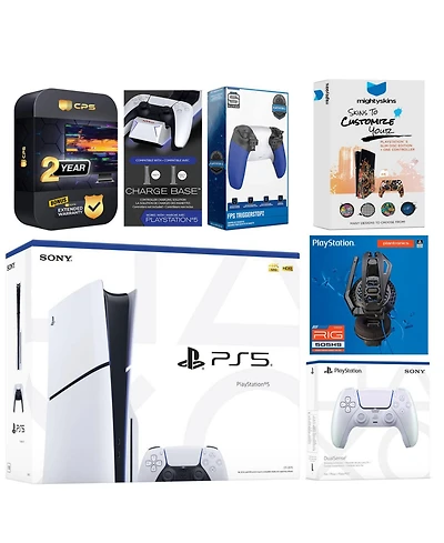 Sony Playstation 5 Slim Disc with Extra Controller, Plantronics Headset, Trigger Stop Kit, Charge Dock and MightySkins Decal Voucher + 2 Year Cps Exte