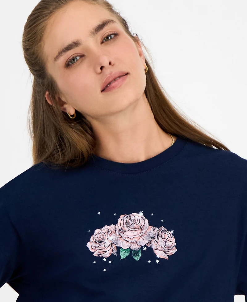 Rebellious One Juniors' Good Vibes Rose Graphic T-Shirt