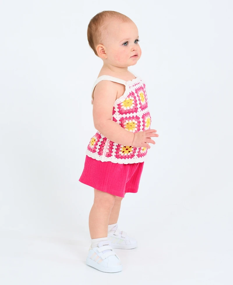 Rare Editions Baby Girls 2-Piece Granny Square Crochet and Short Set