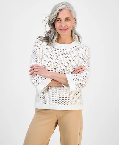 Style & Co Petite Open-Stitch 3/4-Sleeve Cotton Sweater, Exclusively at Macy's
