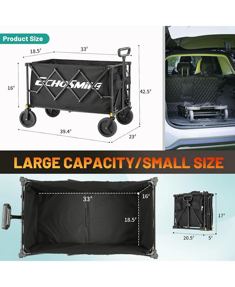 EchoSmile Heavy Duty 350 Lbs Capacity Collapsible Wagon, Outdoor Folding Camping Wagons, Grocery Portable Utility Cart, Adjustable Rolling Carts, All