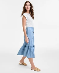 Jones New York Women's Tiered Button-Up Cotton Chambray Skirt