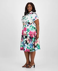 Tahari Asl Plus Printed Belted Midi Shirtdress