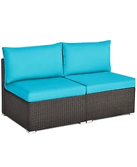 2PCS Patio Rattan Armless Sofa Sectional Conversation Furniture Set W/Cushion