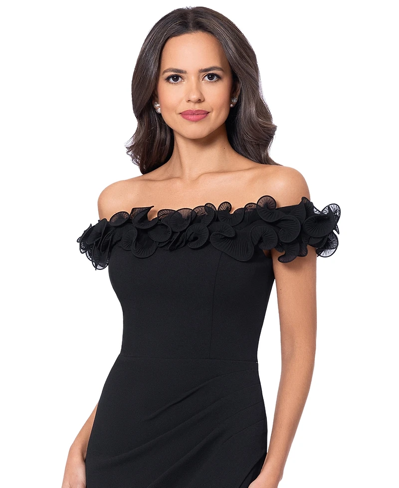 Xscape Women's Scuba-Crepe Ruffled Off-The-Shoulder Fit & Flare Gown