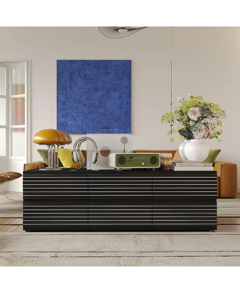 Tv stand with 6 drawers, media console with embossed texture, entertainment center in black wood