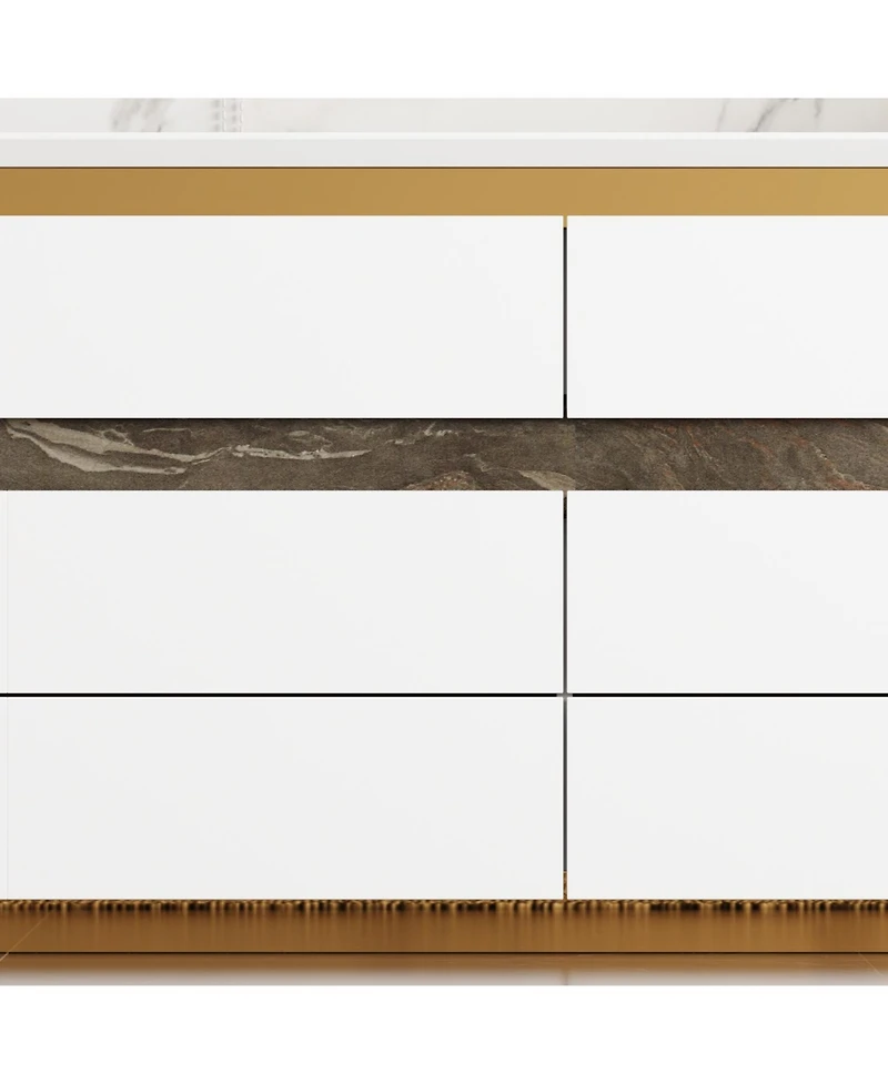 Tv stand with 6 drawers, media console with gold frame, white wooden entertainment center