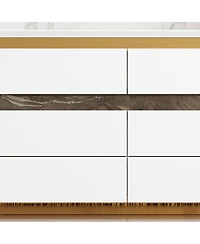 Tv stand with 6 drawers, media console with gold frame, white wooden entertainment center