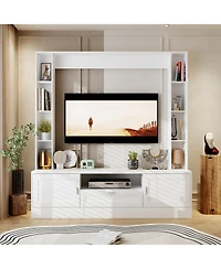 Tv stand with two doors and one drawer, media console with six fixed shelves, entertainment center in white wood