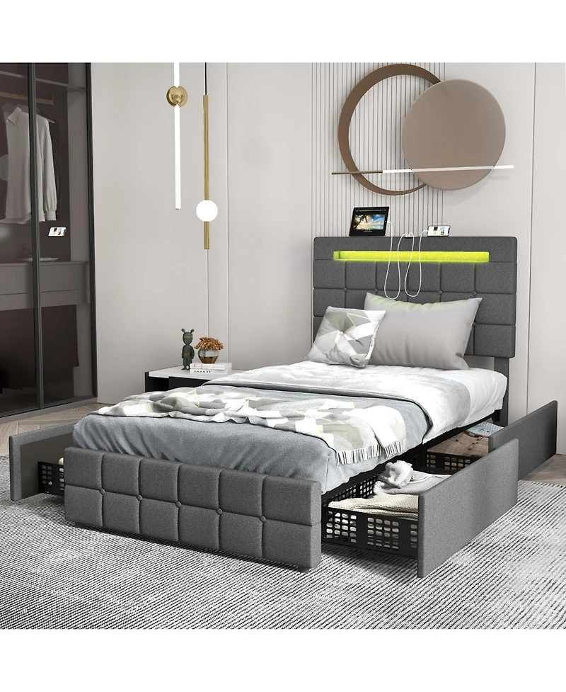 Upholstered Led Bed Frame with Headboard and 4 Drawers-Twin Size