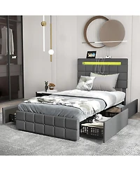 Upholstered Led Bed Frame with Headboard and 4 Drawers-Twin Size
