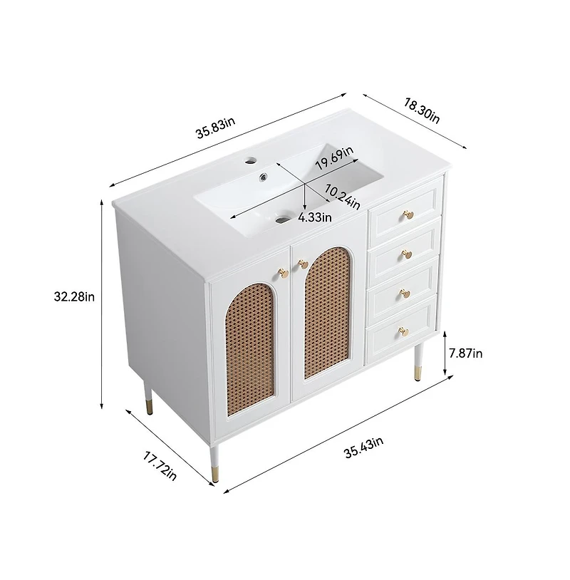 Casainc 36" Bathroom Vanity with Ceramic Sink, Rattan Bathroom Storage Cabinet with Two Doors and Drawer