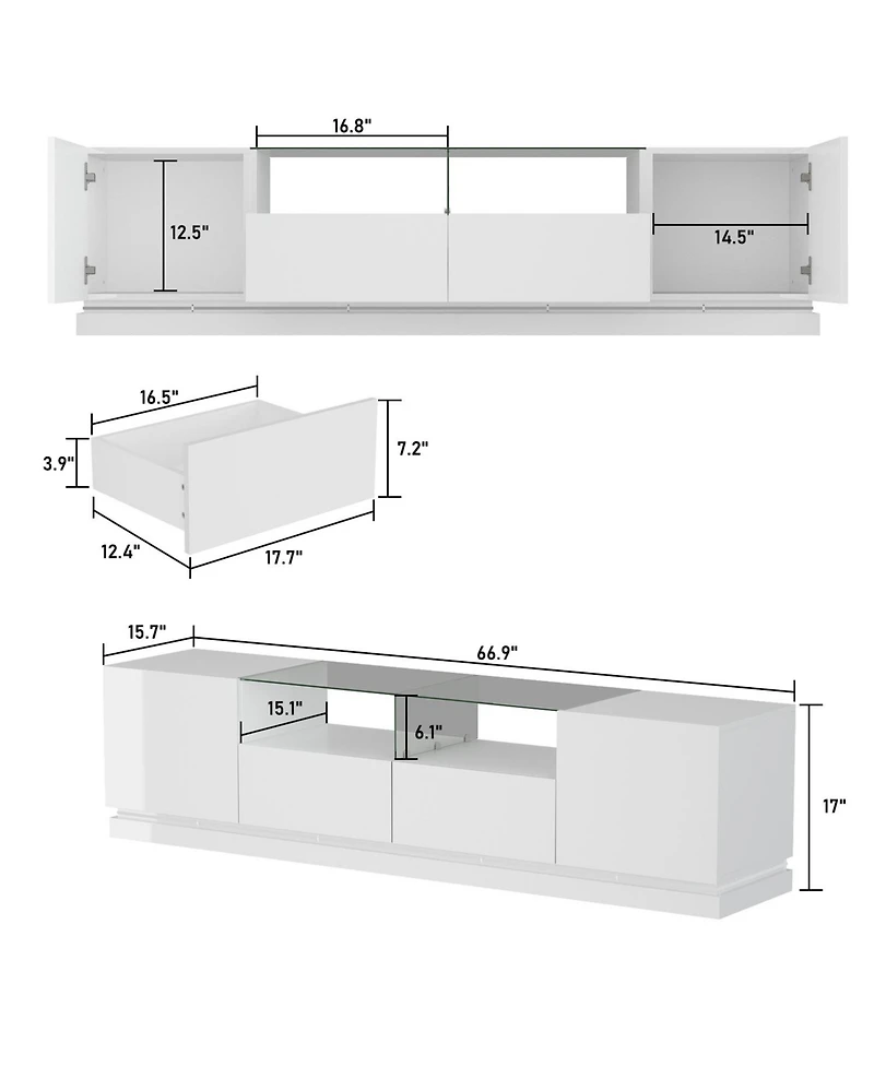 White Tv stand with two drawers and two doors, entertainment center with light strip, media console with drain box