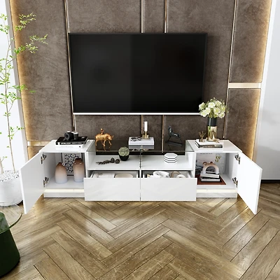 White Tv stand with two drawers and two doors, entertainment center with light strip, media console with drain box
