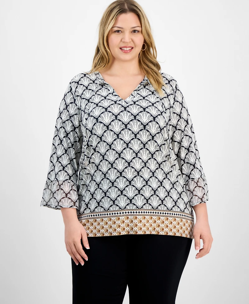 Jm Collection Plus Printed Chiffon-Sleeve Blouse, Exclusively at Macy's