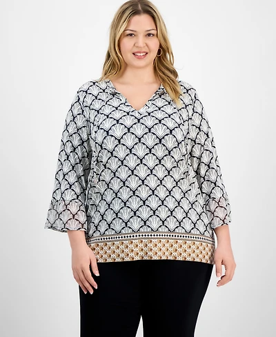 Jm Collection Plus Printed Chiffon-Sleeve Blouse, Exclusively at Macy's