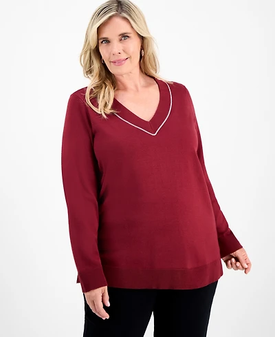 Jm Collection Plus Embellished V-Neck Sweater, Macy's Exclusive