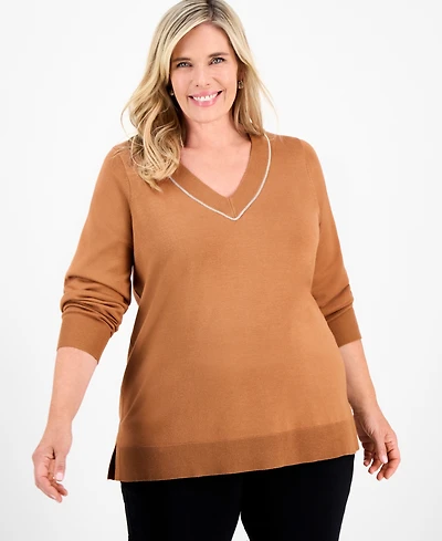 Jm Collection Plus Embellished V-Neck Sweater, Macy's Exclusive