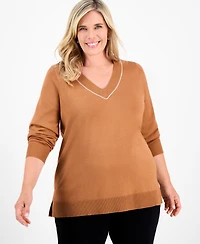 Jm Collection Plus Embellished V-Neck Sweater, Macy's Exclusive