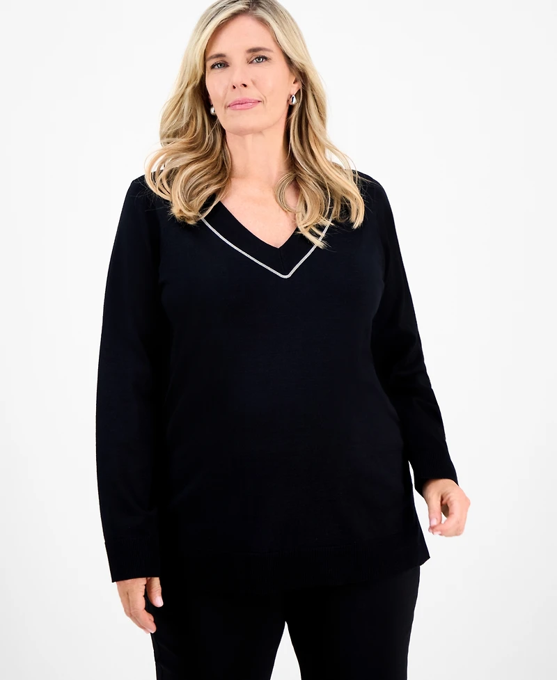 Jm Collection Plus Embellished V-Neck Sweater, Macy's Exclusive