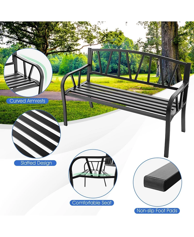 Patio Garden Bench with Metal Frame and Slatted Seat