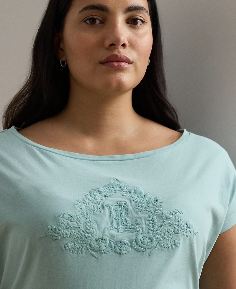 Lauren Ralph Lauren Plus Size Beaded-Logo Cotton Jersey Tee