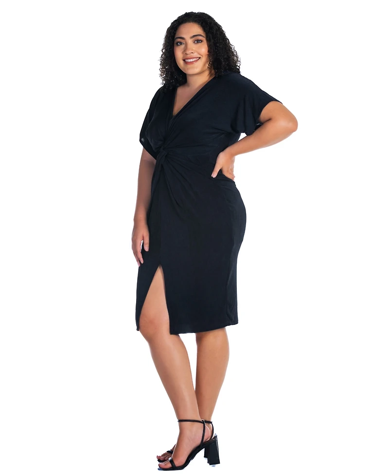 24seven Comfort Apparel Plus Short Sleeve V-Neck Twist Front Split Hem Dress