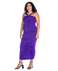 24seven Comfort Apparel Plus Halter Cross Neck Ruched Bodycon Mid Dress