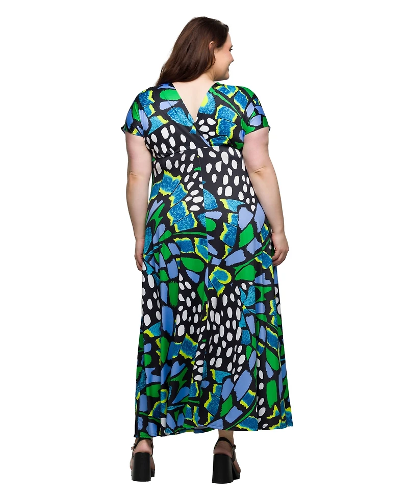 24seven Comfort Apparel Plus V-Neck Empire Waist Cap Sleeve Maxi Dress